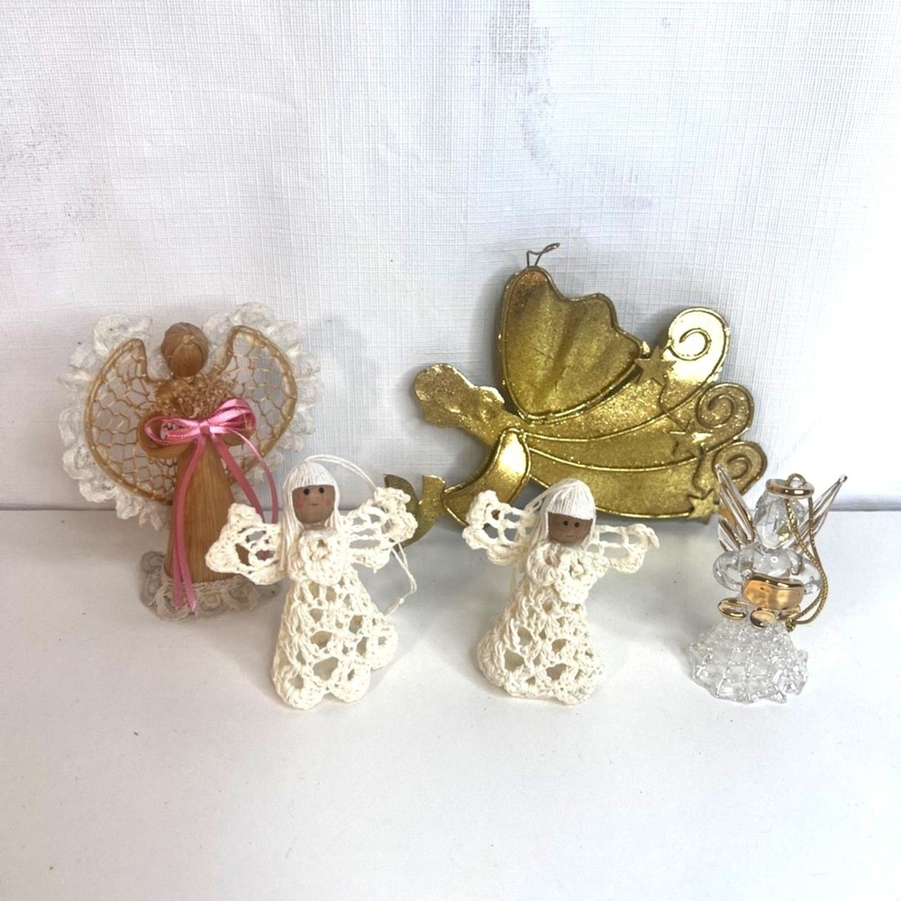 Angel Christmas Tree Ornaments Crochet Straw Tin Holiday Set of 5 MISC
